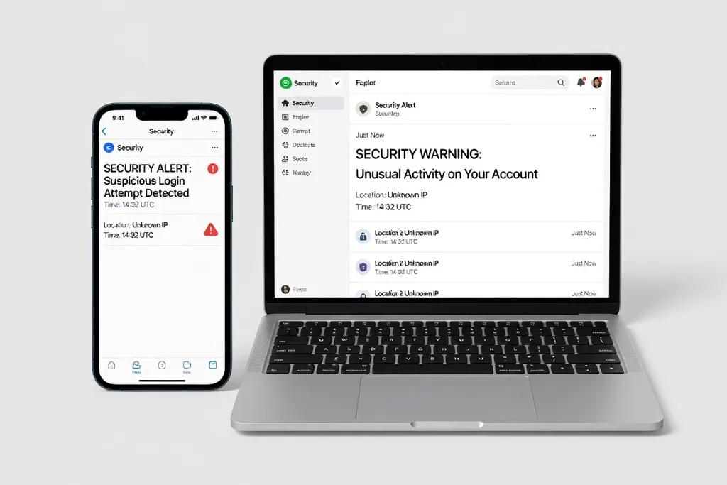 Smartphone et ordinateur côte à côte avec alertes de sécurité