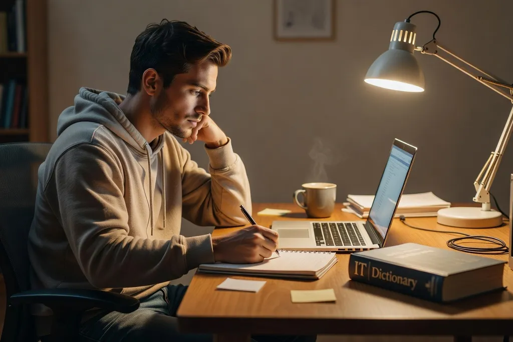 Personne adulte prenant des notes devant un ordinateur ouvert avec un dictionnaire informatique
