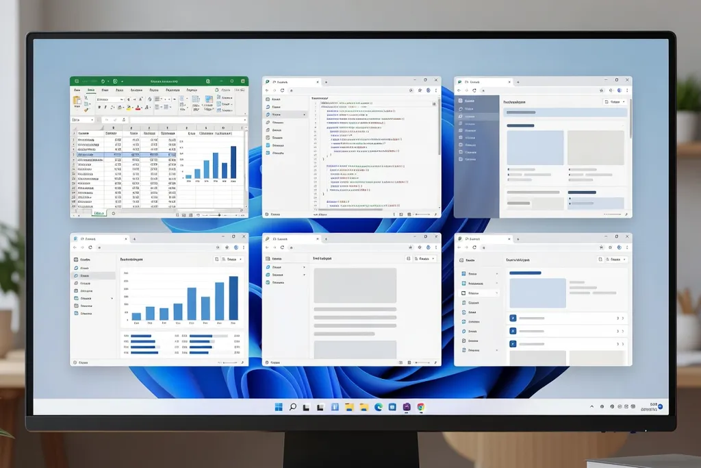 Bureau Windows 11 organisé avec plusieurs applications ouvertes