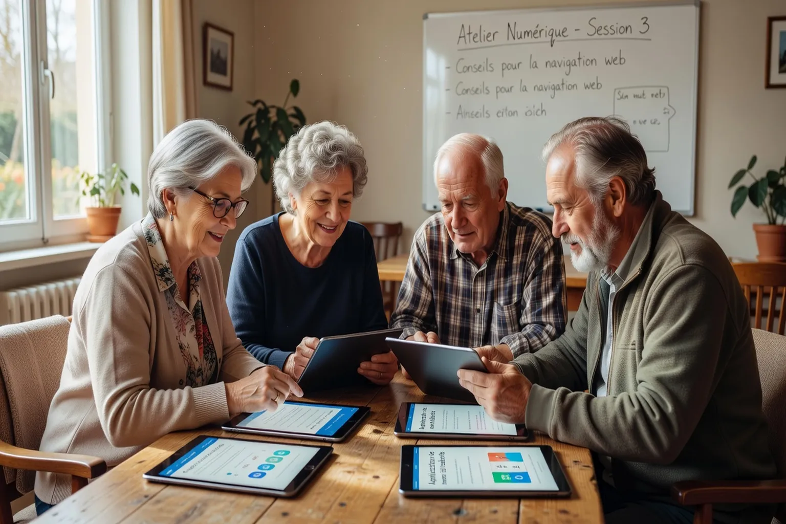 Groupe de seniors attentifs devant des tablettes dans un atelier numérique