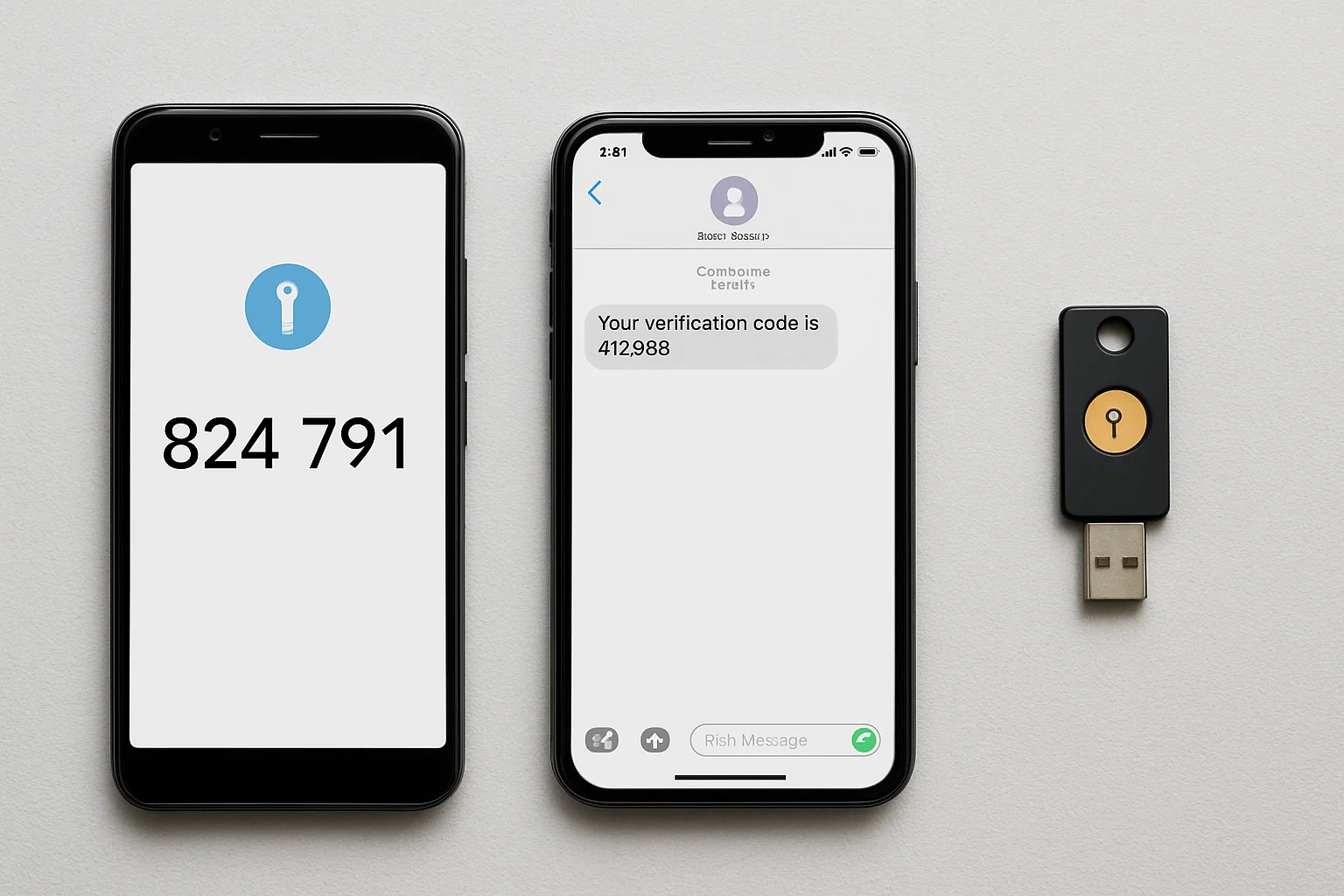 Trois méthodes de 2FA présentées côte à côte : un téléphone affichant un code TOTP, un SMS reçu, et une clé de sécurité USB