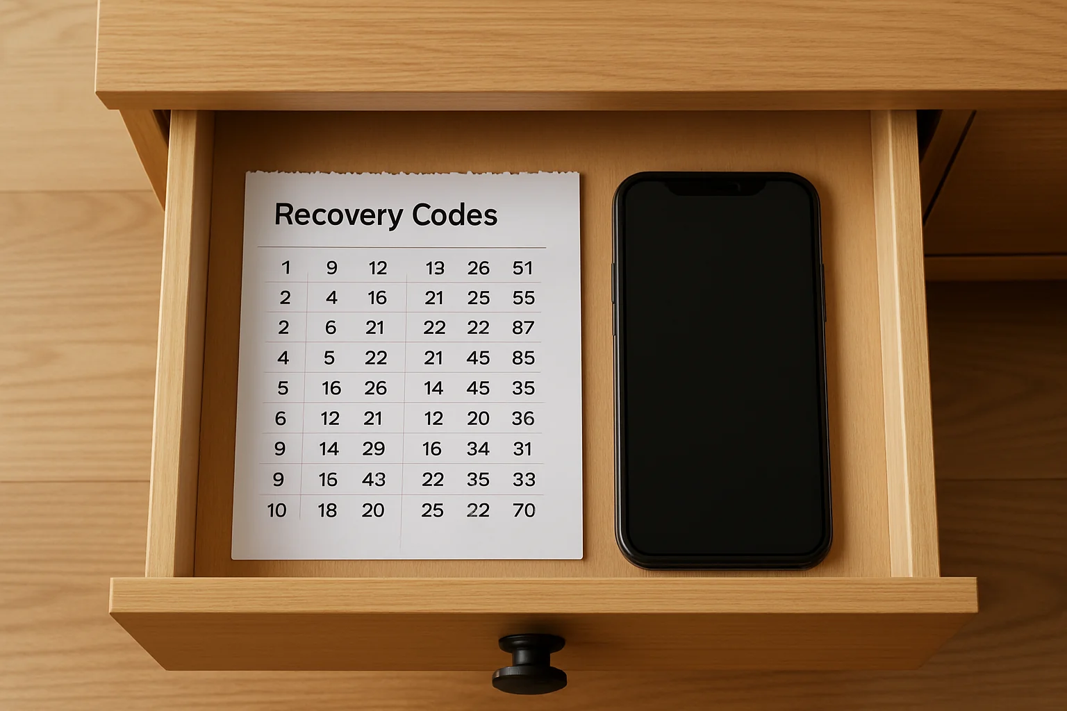 Feuille de codes de récupération imprimés rangée dans un tiroir fermé à côté d'un smartphone