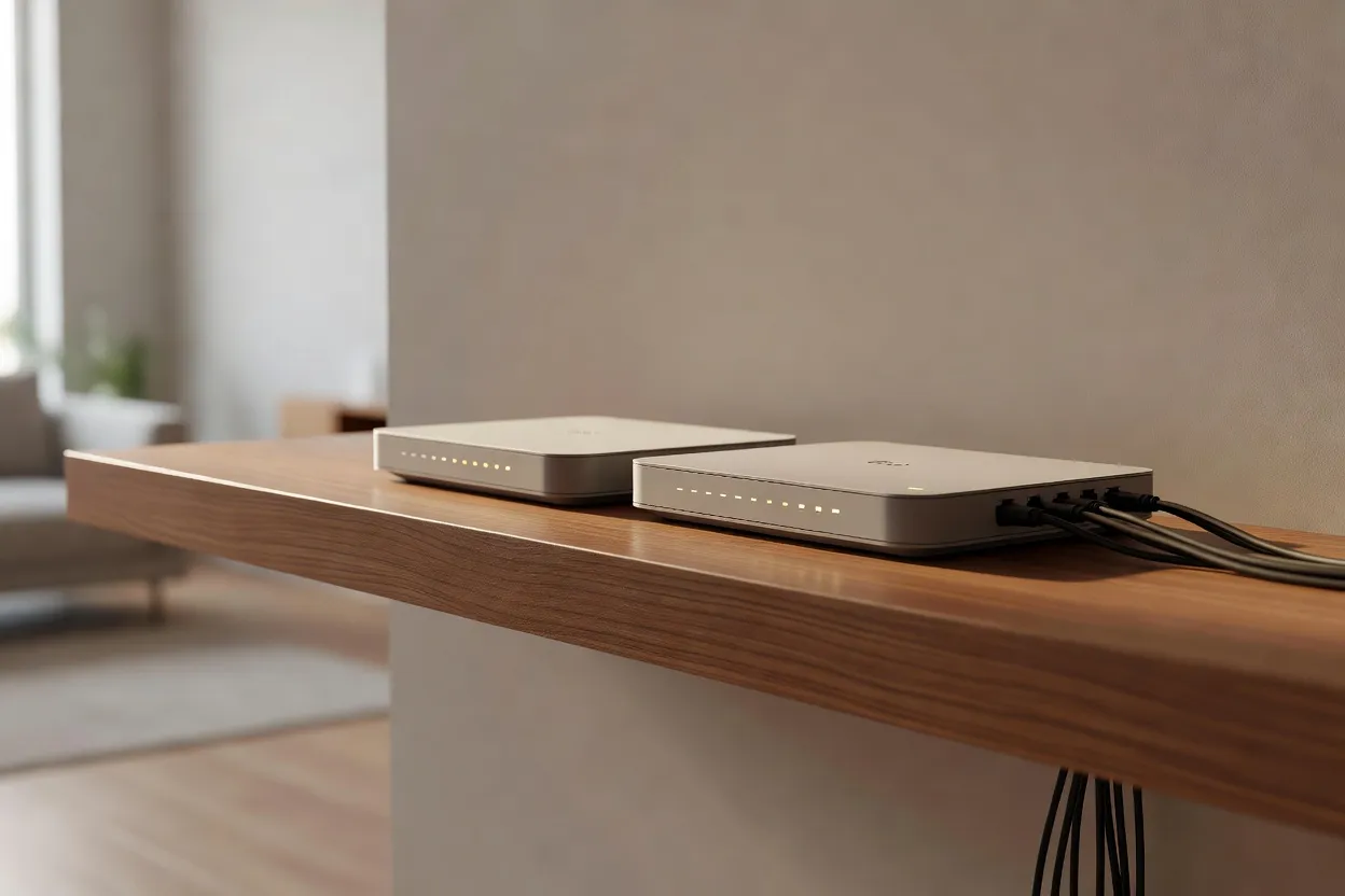 Box internet posée en hauteur sur une étagère de salon