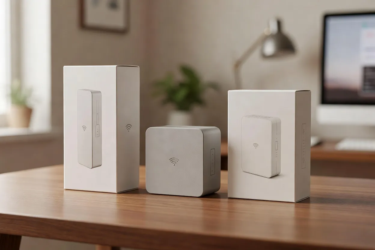 Comparatif visuel de trois boîtiers d'extension Wi-Fi sur une table