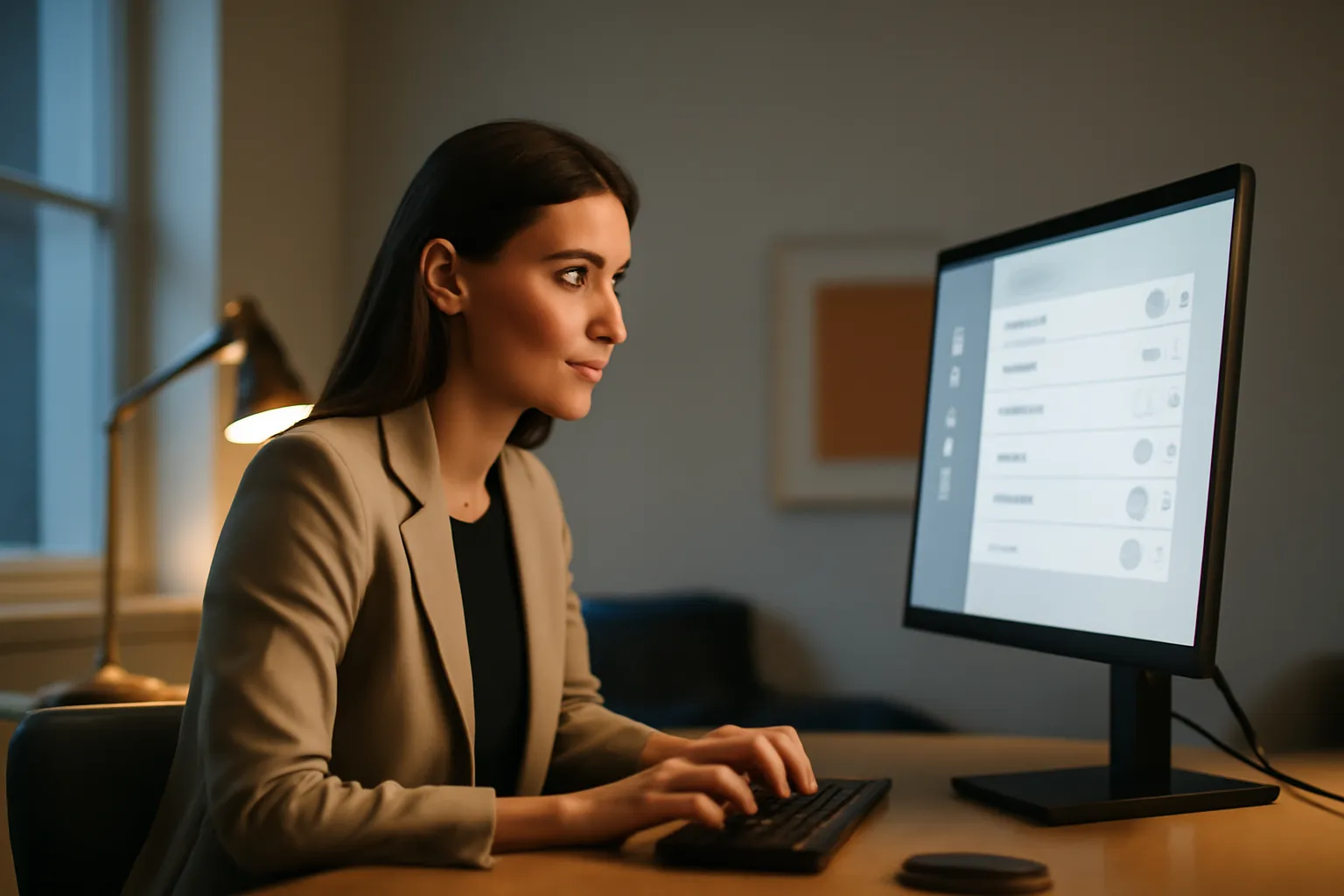 Femme consultant un panneau de réglages système sur un écran de bureau en utilisant uniquement le clavier, la souris écartée sur le côté