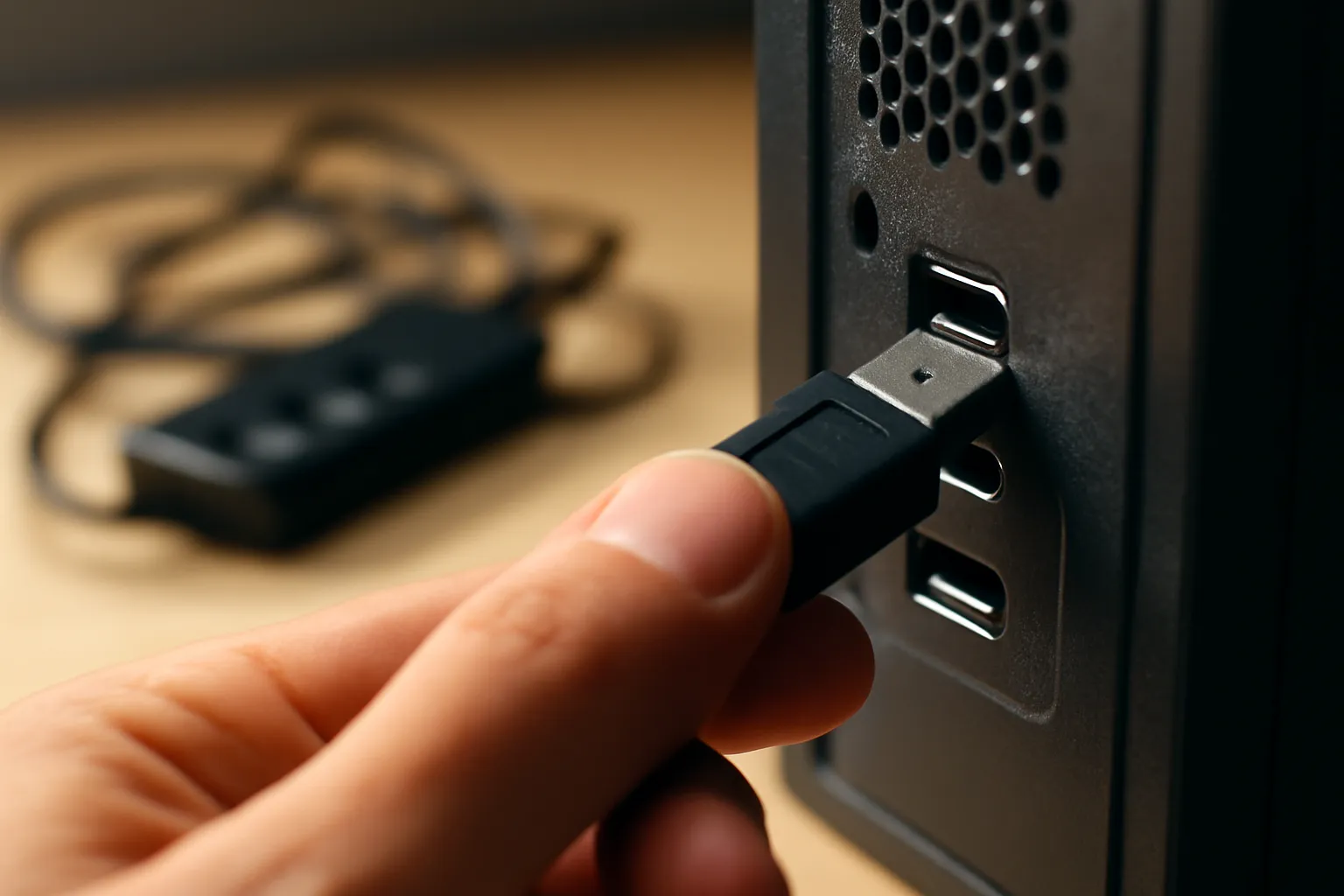 Main branchant un connecteur USB directement sur le port arrière d'une tour d'ordinateur, un hub USB inutilisé posé en arrière-plan