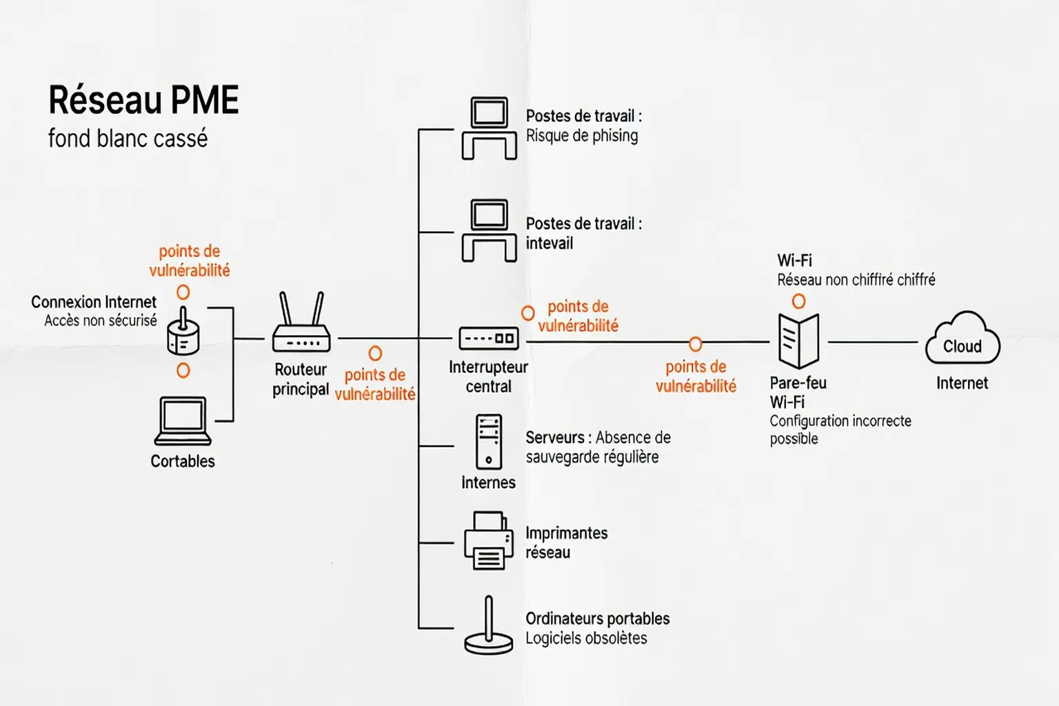 Schéma d’un réseau PME avec points de vulnérabilité identifiés en orange