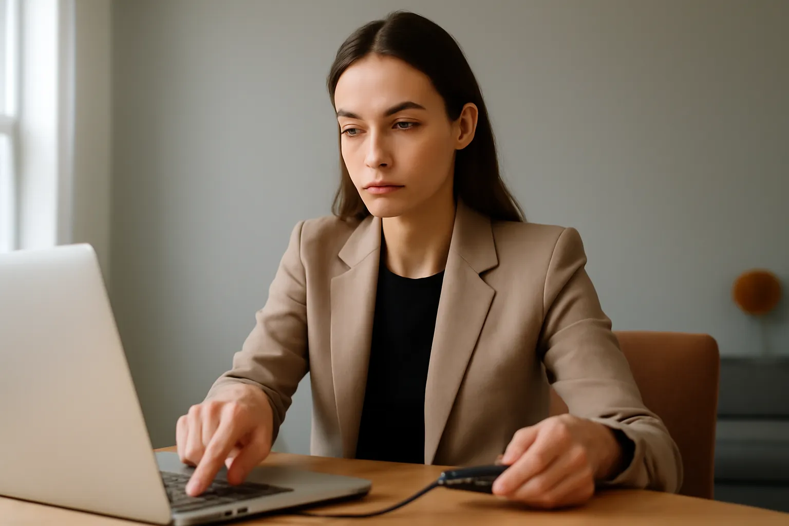Femme appuyant sur une touche du clavier de son ordinateur portable tout en débranchant un disque dur externe du côté de la machine