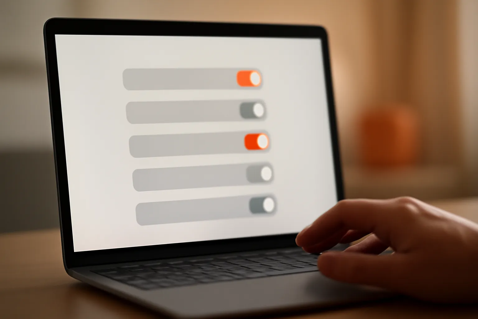 Écran d'ordinateur portable affichant une interface de session distante avec des interrupteurs de permissions, une main hésitant au-dessus du pavé tactile