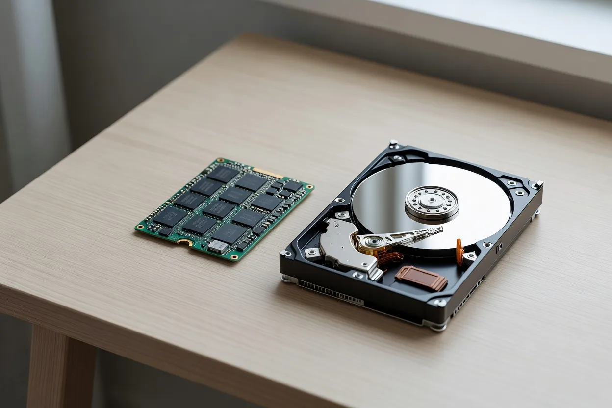 SSD nu montrant ses puces de mémoire NAND posé à côté d'un disque dur mécanique ouvert laissant voir son plateau et sa tête de lecture