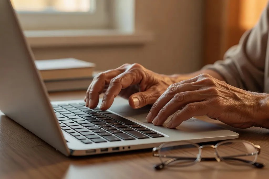Personne senior apprenant à utiliser un ordinateur portable avec l’aide d’un proche
