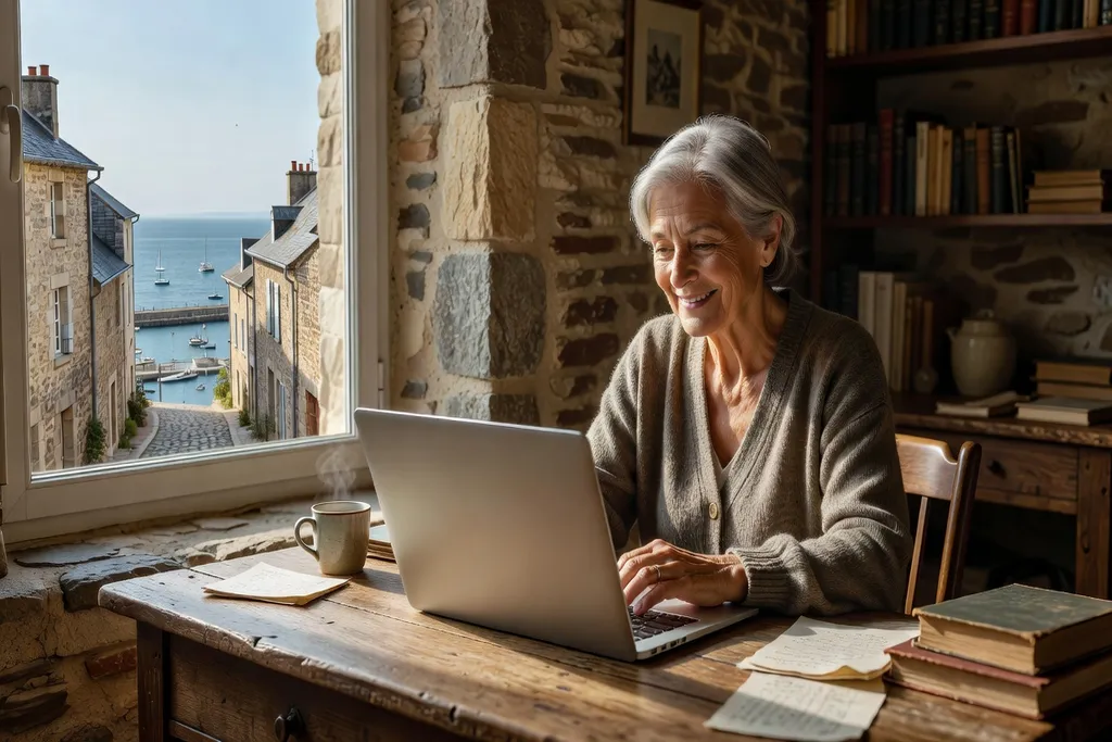 Personne senior souriante devant son ordinateur portable dans un intérieur chaleureux