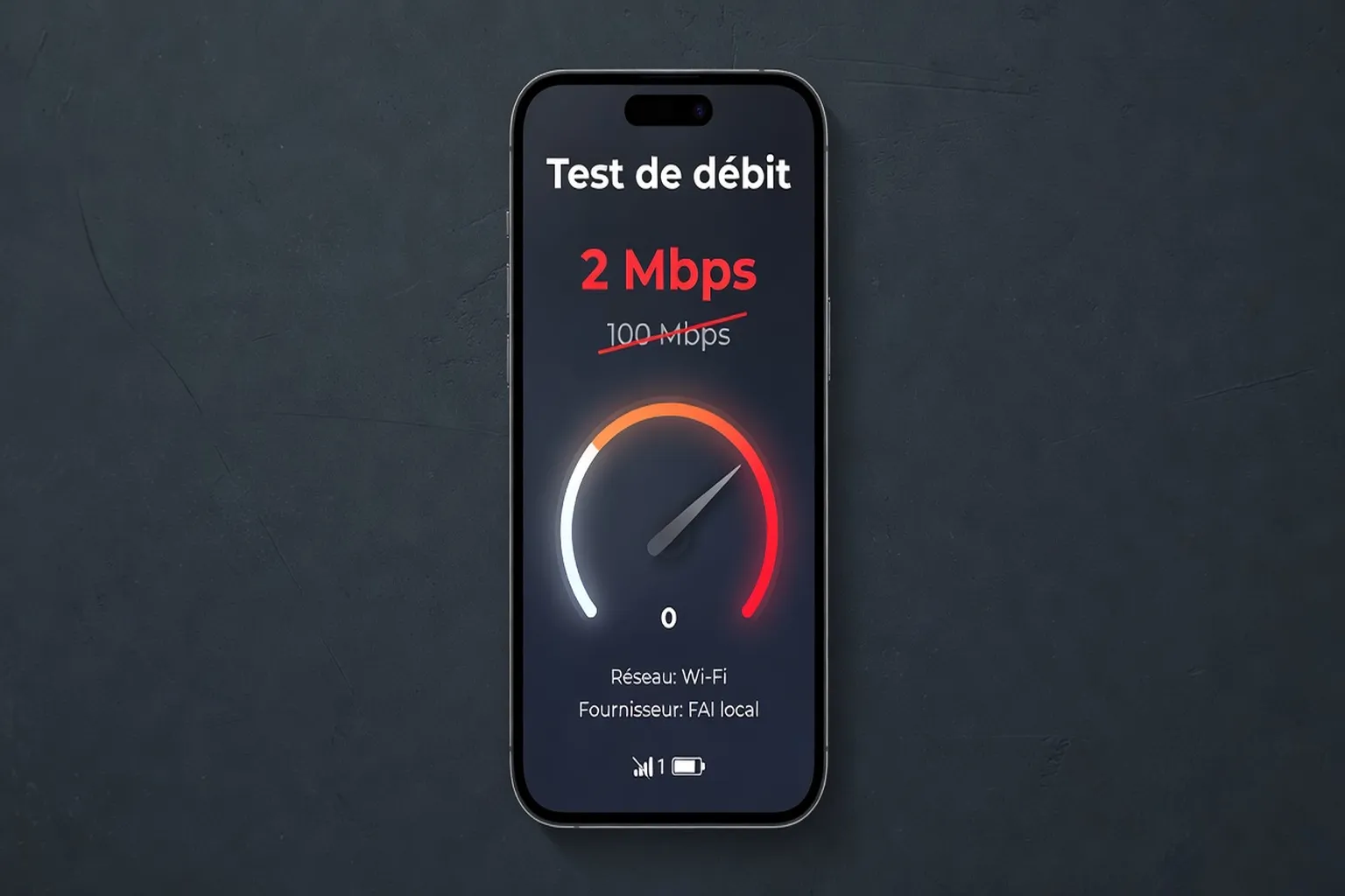 Test de débit sur smartphone montrant 2 Mbps