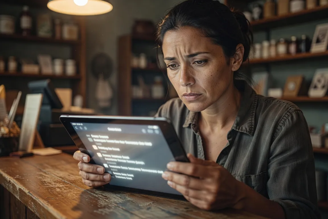 Commerçante examinant un email sur une tablette avec une expression préoccupée