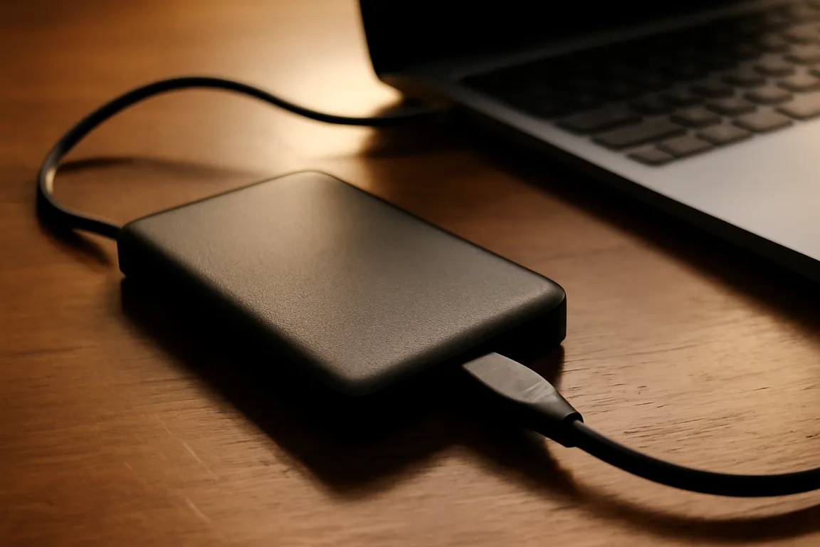 Disque dur externe connecté à un ordinateur portable par câble USB