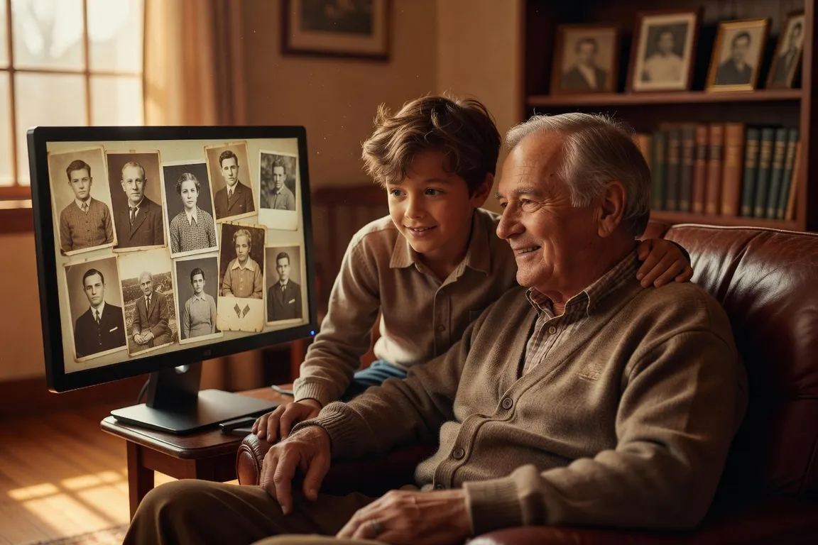 Grand-père et petit-fils regardant ensemble de vieilles photos de famille sur un écran