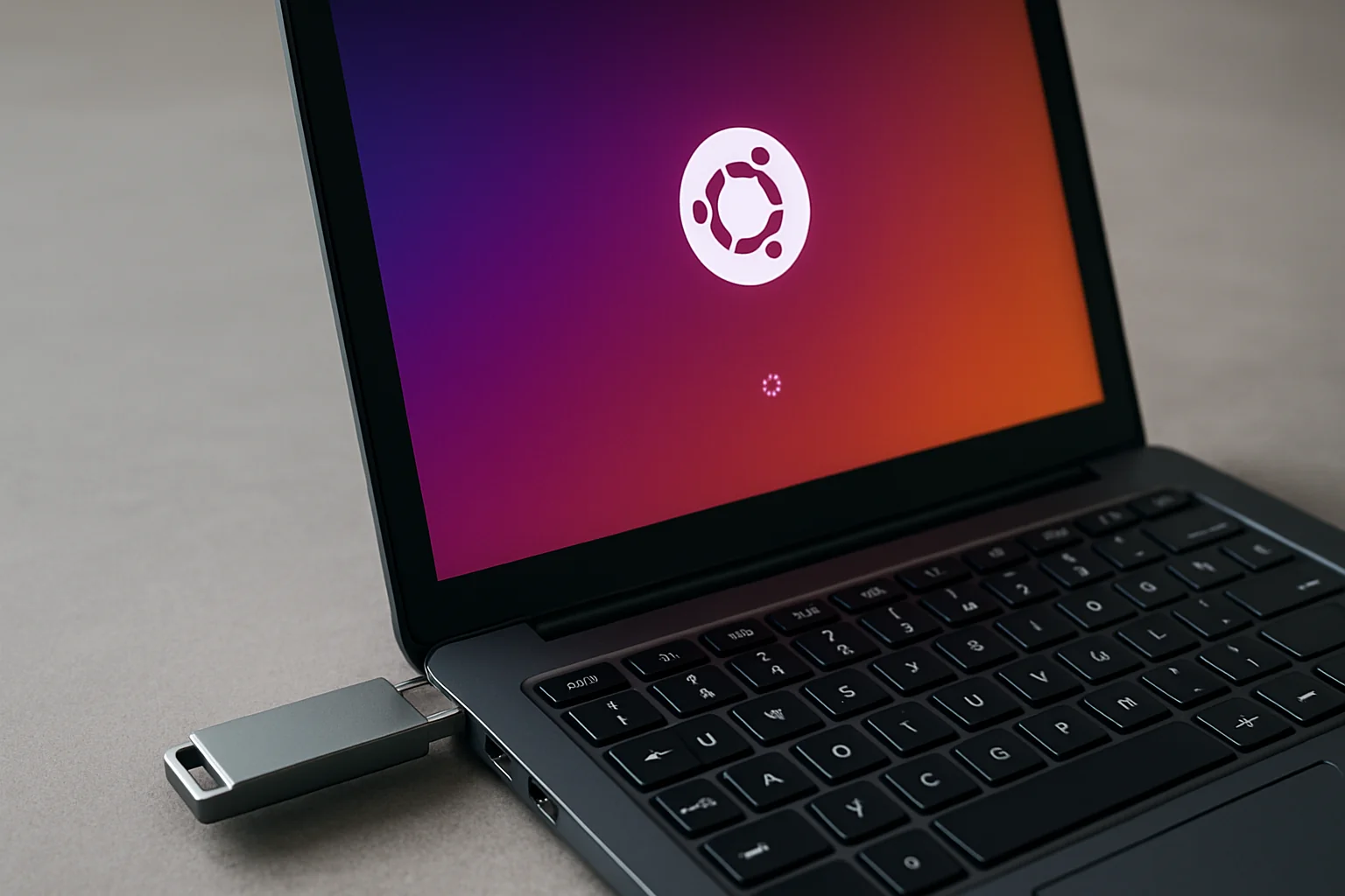 Clé USB insérée dans un ordinateur portable affichant l'écran de démarrage du programme d'installation d'Ubuntu