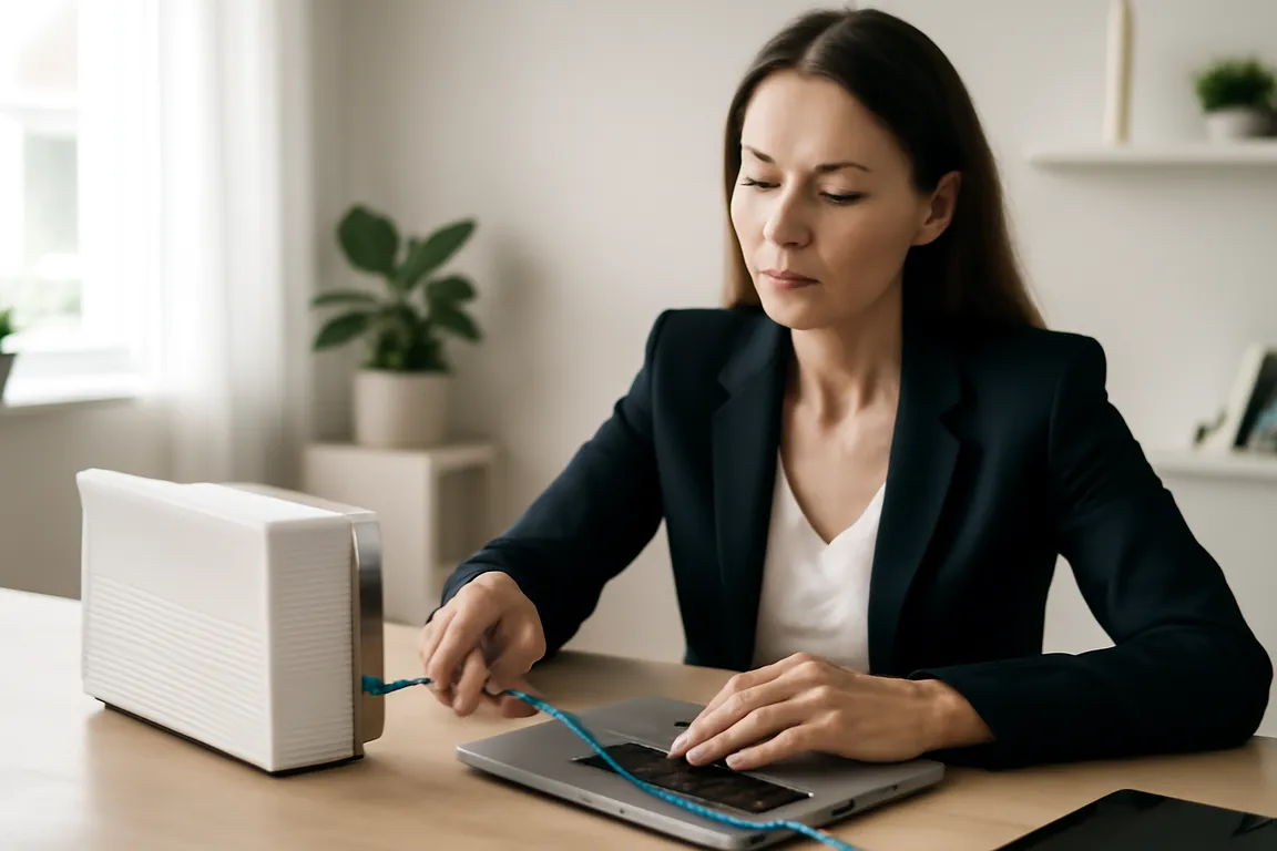 Femme raccordant un NAS domestique à son ordinateur portable par câble Ethernet