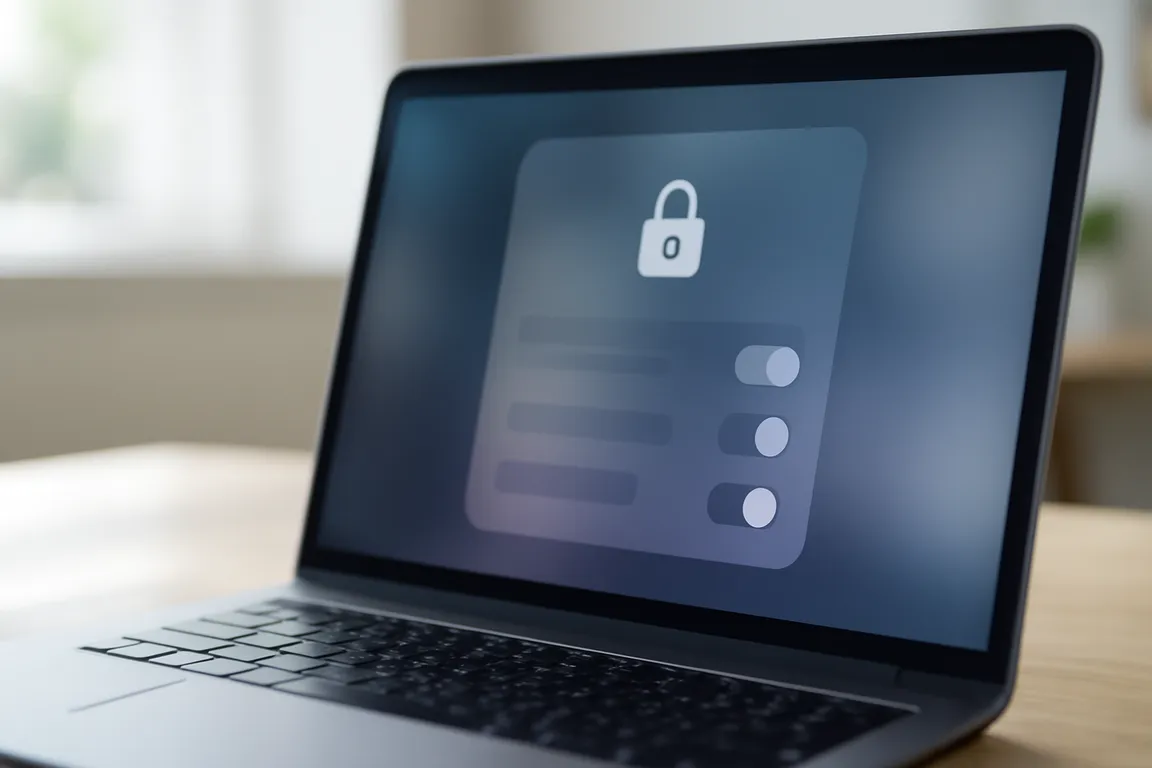 Écran d'ordinateur portable affichant un panneau de réglages de sécurité et de confidentialité