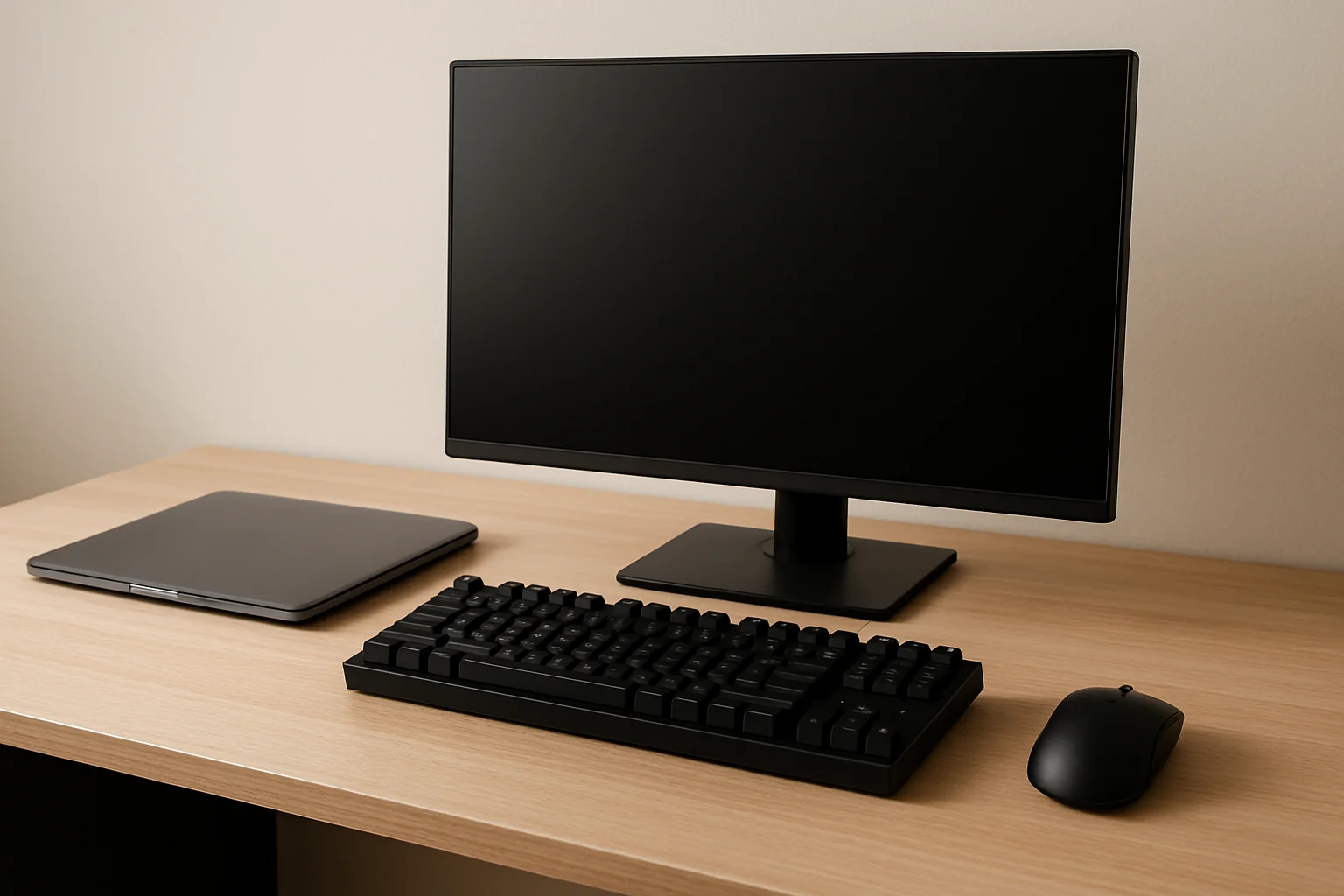 Bureau avec un ordinateur fixe doté d'un grand écran, d'un clavier mécanique et d'une souris, à côté d'un portable fermé