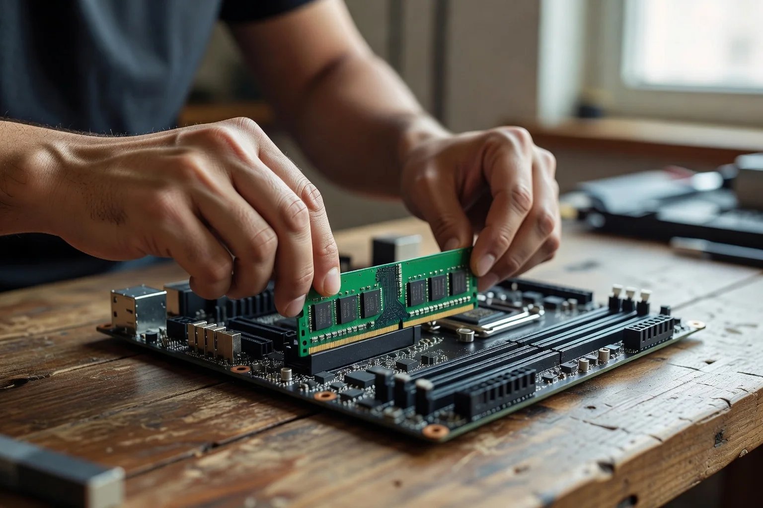 Mains d'un adulte réinsérant une barrette de mémoire RAM dans son slot sur une carte mère posée sur une table de travail