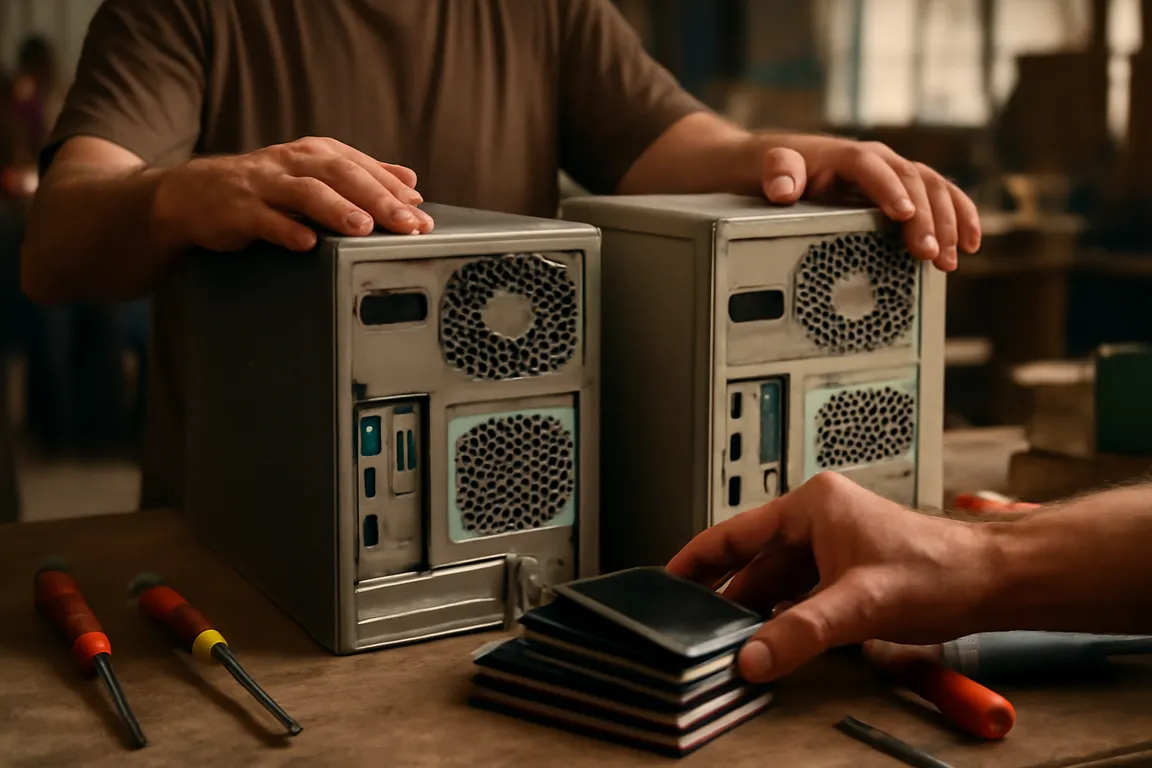 Atelier de recyclerie associative où sont triés ordinateurs et téléphones destinés au réemploi