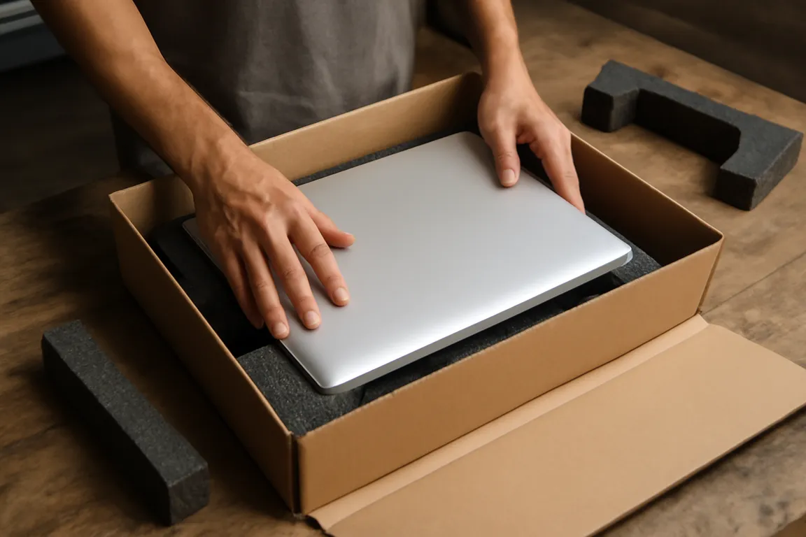 Ordinateur portable emballé dans un carton avec de la mousse de protection avant expédition