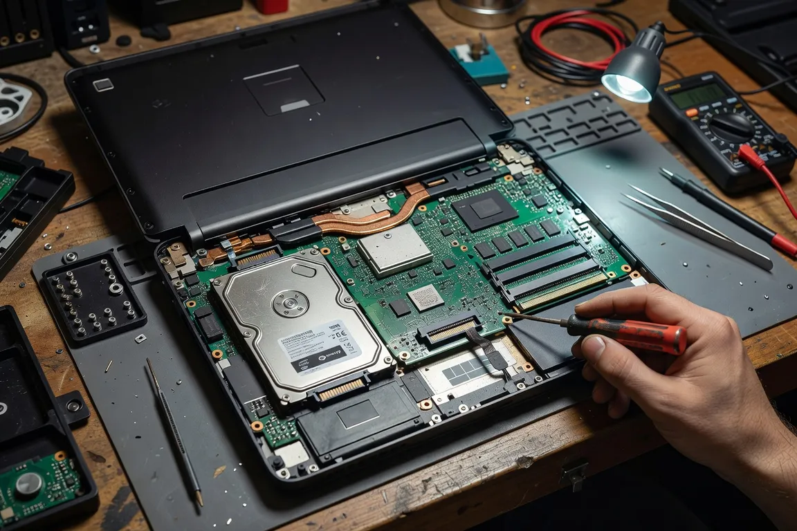 Ordinateur portable ouvert montrant le disque dur interne et les composants