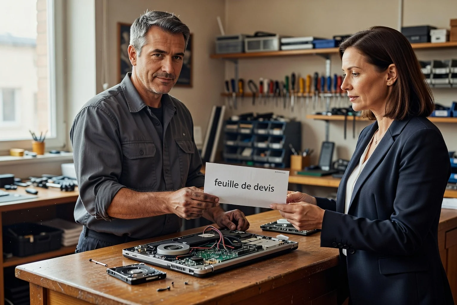 Réparateur montrant à un client un devis détaillé posé à côté d'un ordinateur portable ouvert sur un comptoir d'atelier