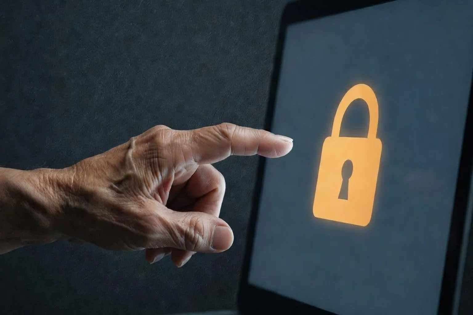 Main de senior qui pointe un écran d’ordinateur avec icône cadenas orange