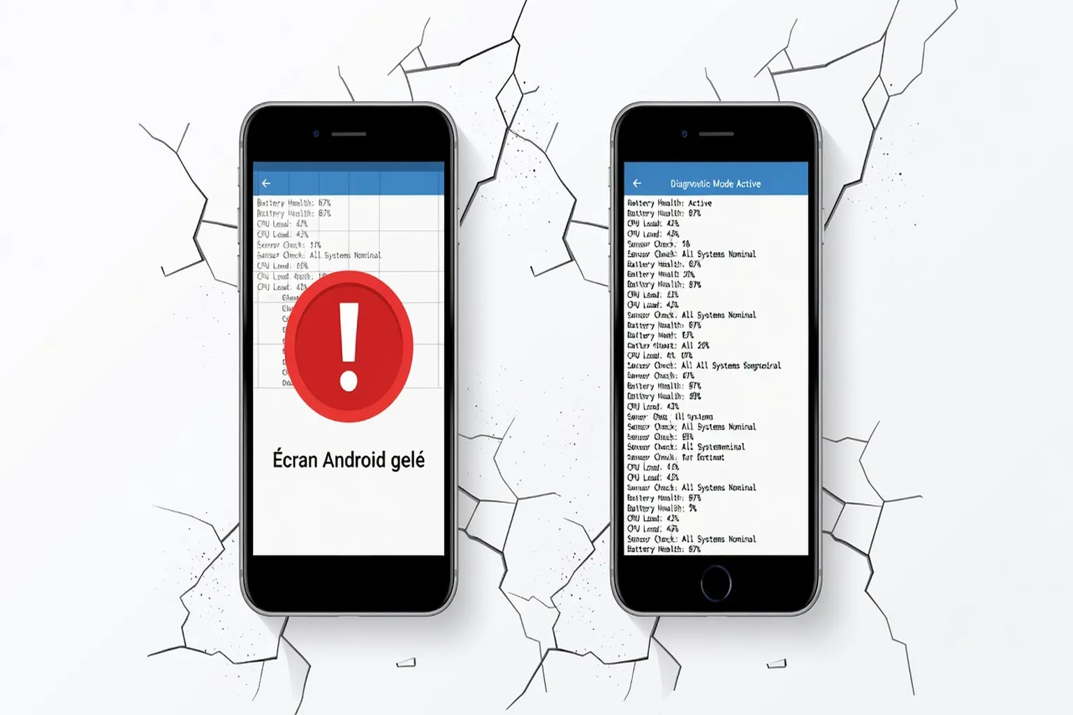 Comparaison écran Android gelé vs iPhone figé