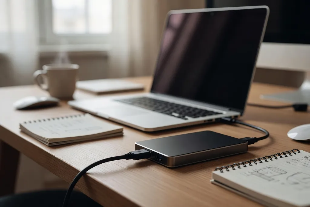 Disque dur externe posé à côté d’un symbole de cloud stylisé