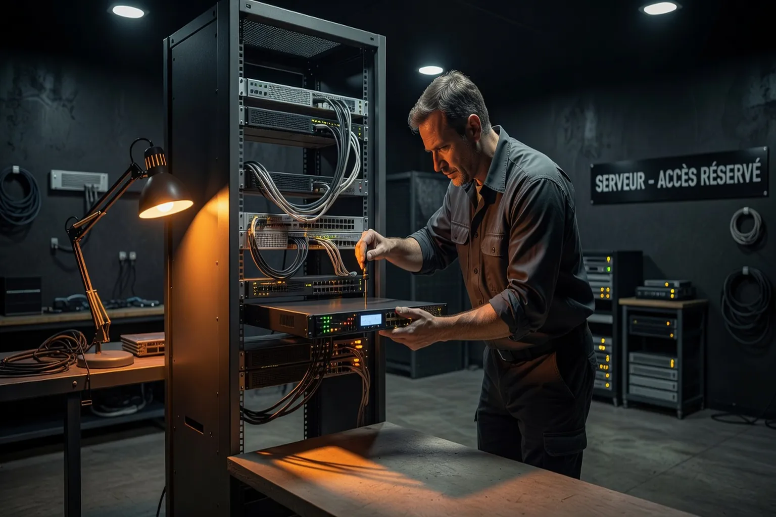 Technicien qui installe un pare-feu sur un serveur de PME