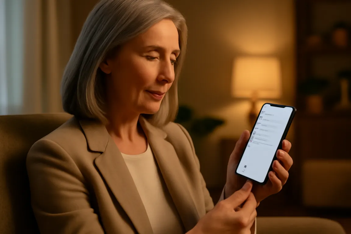 Femme vérifiant l'état de la batterie de son smartphone en charge