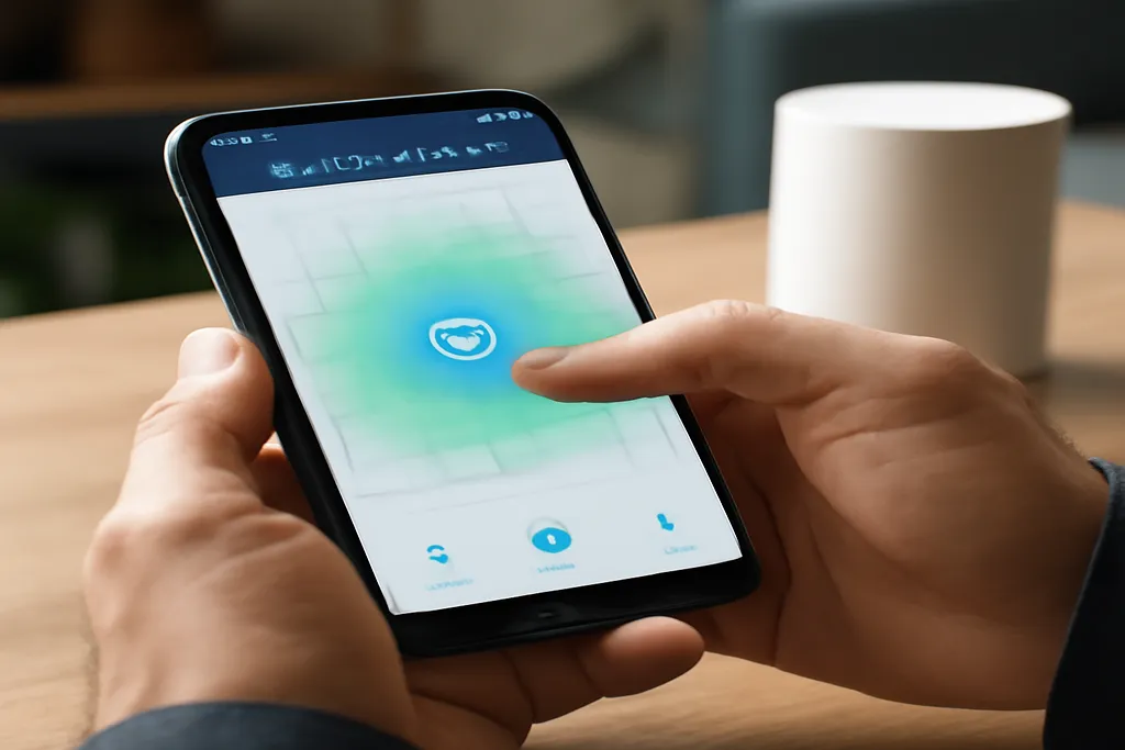 Plan de maison avec zones de couverture Wi-Fi mesh schématisées