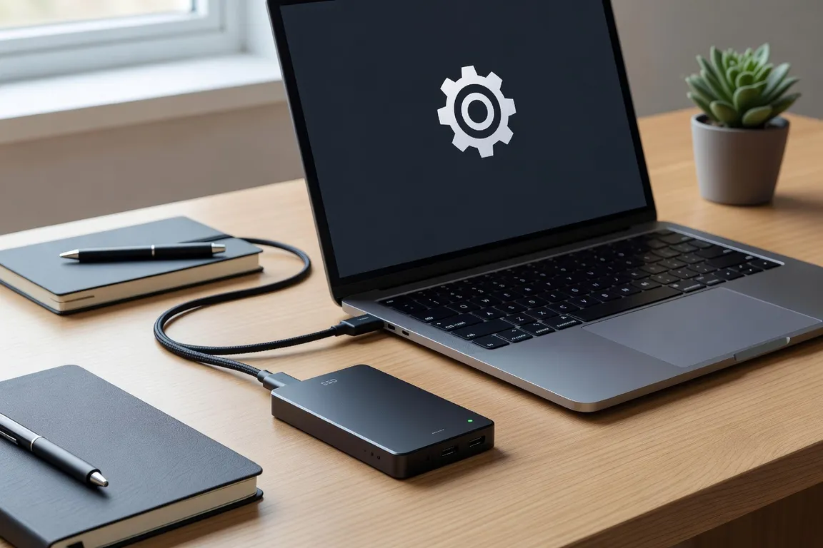 Disque de sauvegarde externe connecté à un ordinateur portable sur un bureau organisé