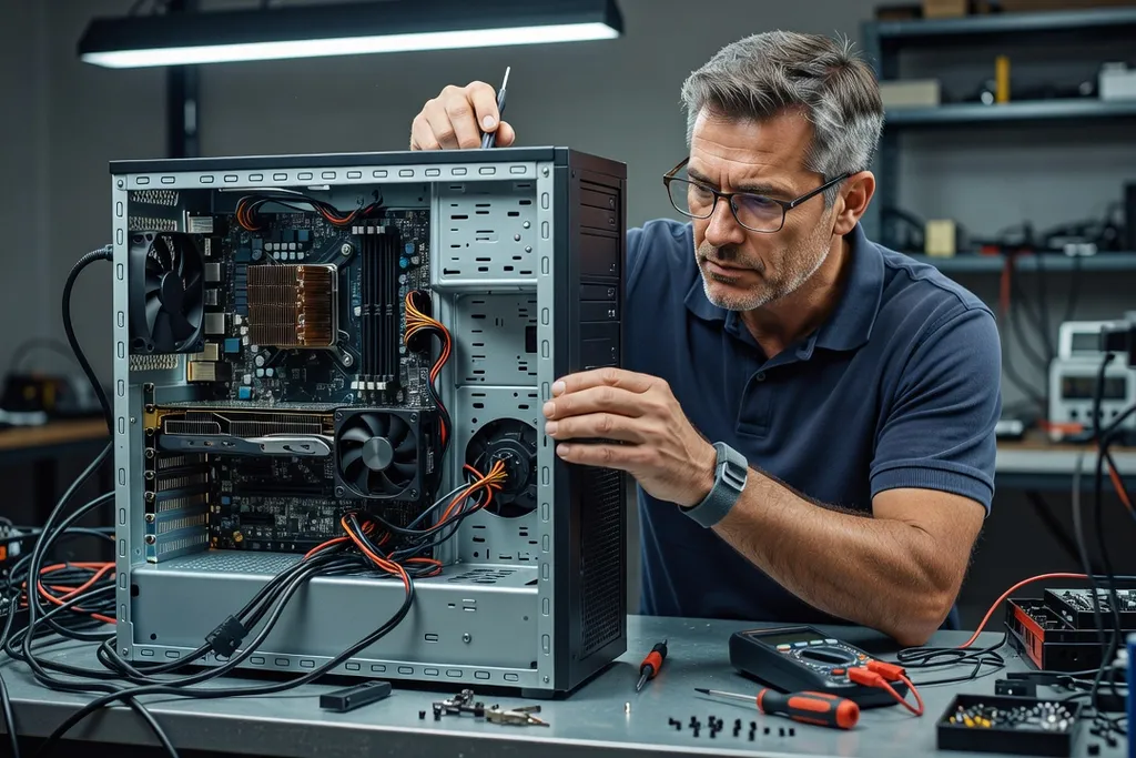 Technicien informatique démontant un PC pour diagnostiquer une panne