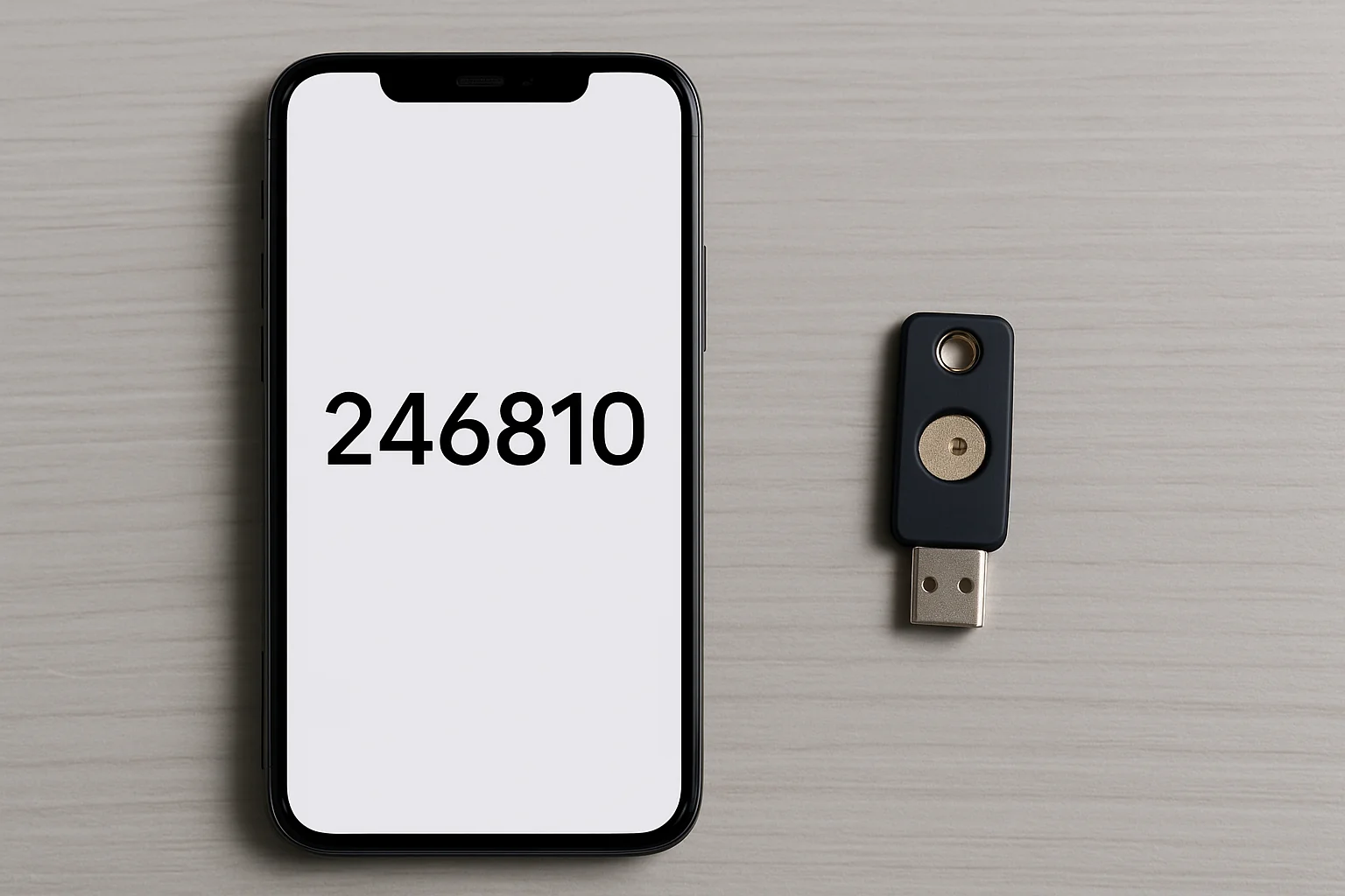 Smartphone affichant un code d'authentification à six chiffres à côté d'une clé de sécurité USB sur un bureau
