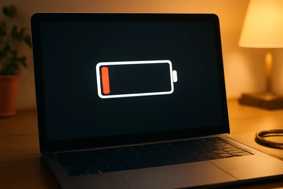 PC portable branché sur secteur avec indicateur de batterie visible à l'écran
