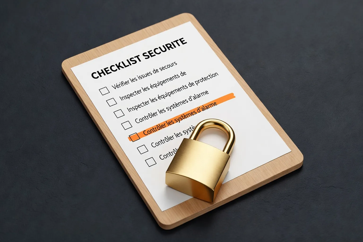 Checklist sur clipboard avec coche verte et cadenas doré