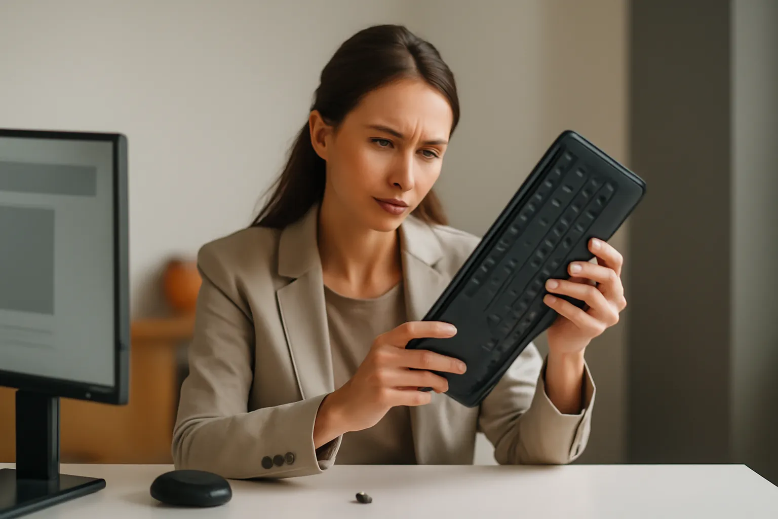 Femme examinant un clavier sans fil retourné dans ses mains, une souris et un dongle USB posés sur le bureau devant elle