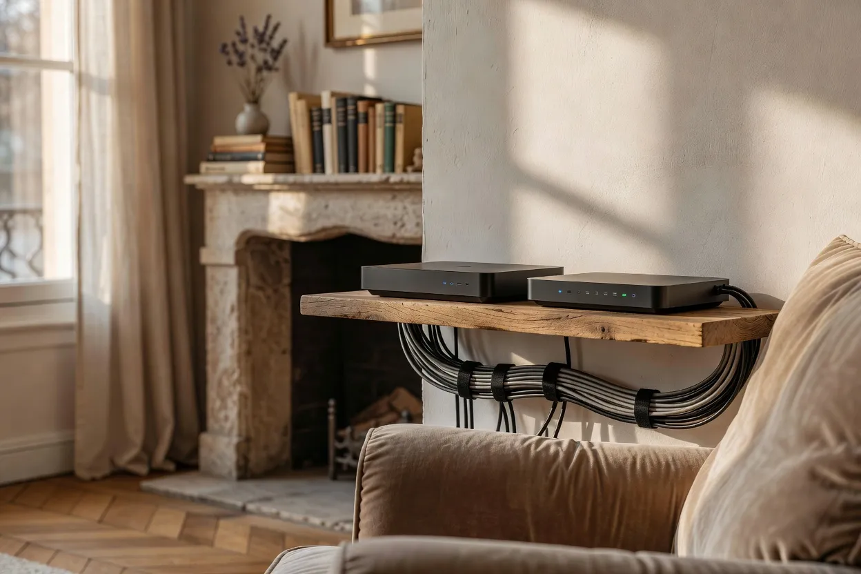 Box internet et routeur Wi-Fi installés sur une étagère dans un salon