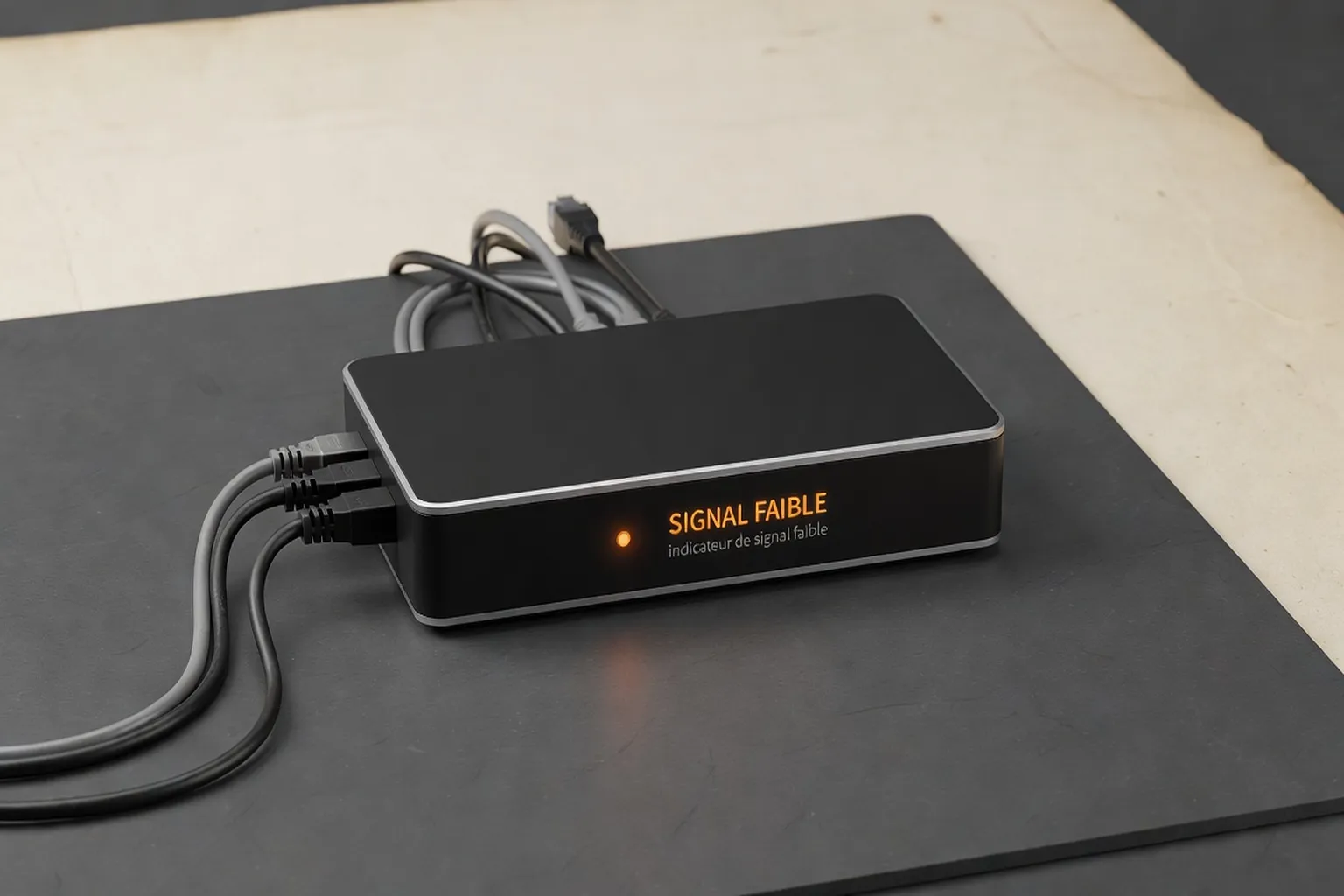 Box internet avec câbles et indicateur de signal faible