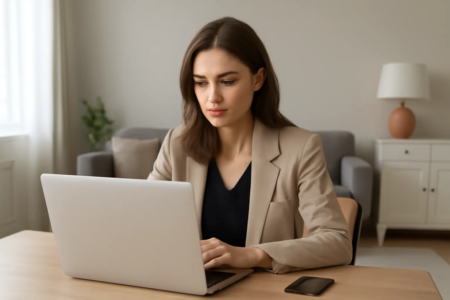 Femme assise devant un ordinateur portable dans un salon lumineux, observant l'écran avec une expression attentive pendant une session d'assistance
