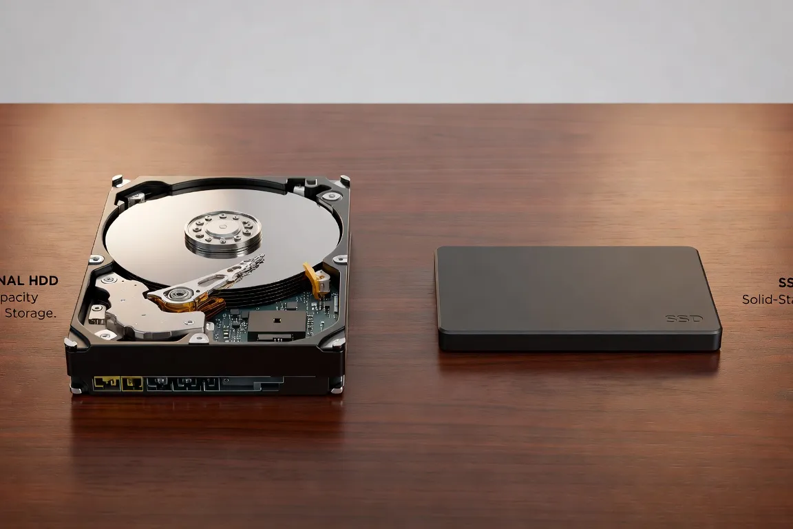 Comparaison entre un disque dur HDD et un SSD, côte à côte sur un bureau