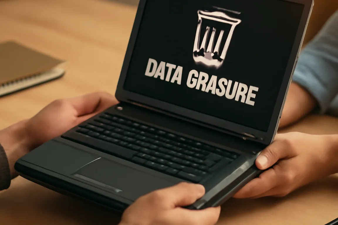 Ordinateur portable posé sur un bureau avant d'être donné ou recyclé