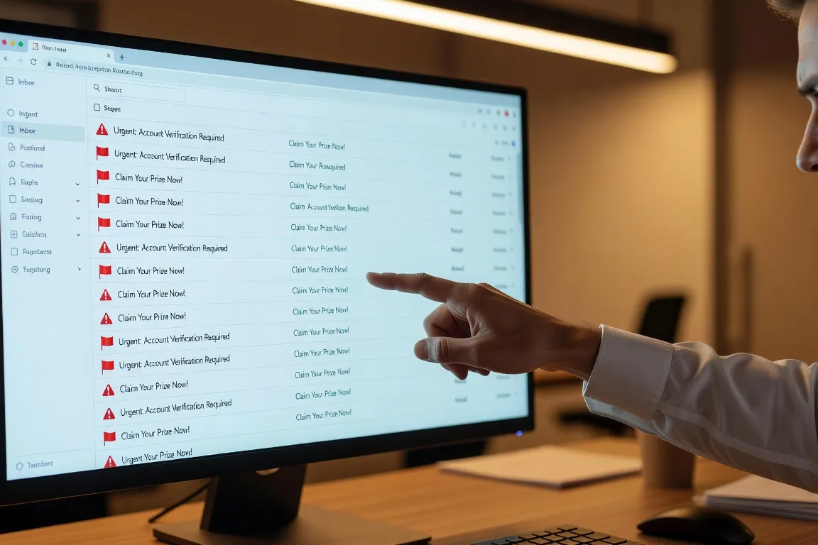 Écran d'ordinateur avec un email suspect ouvert, signalant un phishing