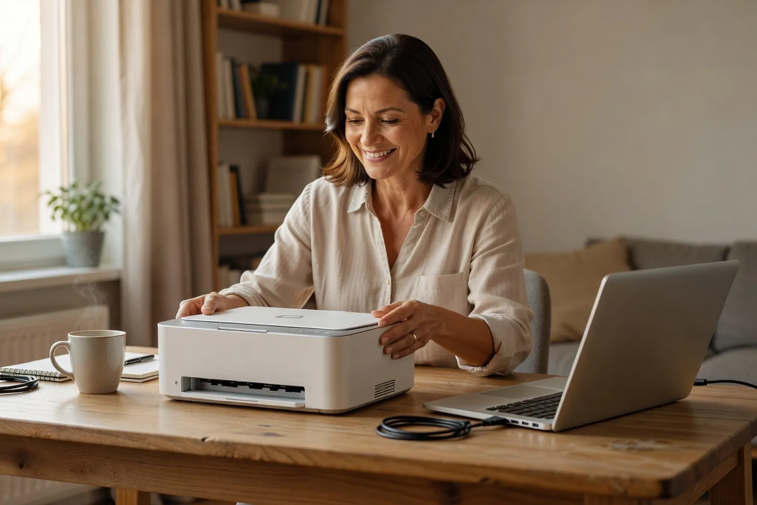 Comparaison imprimante jet d'encre et laser posées sur un bureau