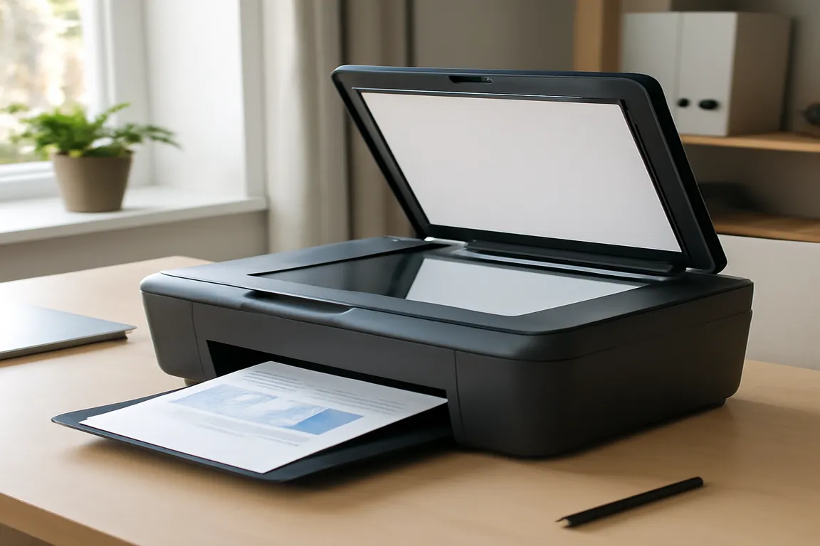 Imprimante multifonction avec scanner à plat ouvert sur un bureau
