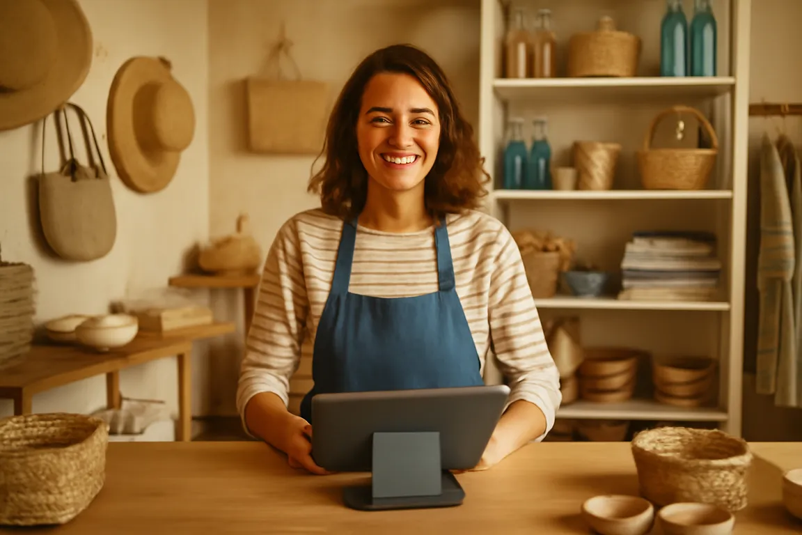 Commerçante indépendante gérant sa boutique et sa caisse informatisée dans le Pays de Retz